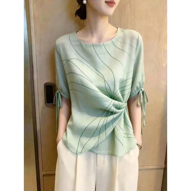 Women Round Neck Short Sleeve Blouse Twisted Front Line Print Drawstring Cuff Elegant Summer Casual Top