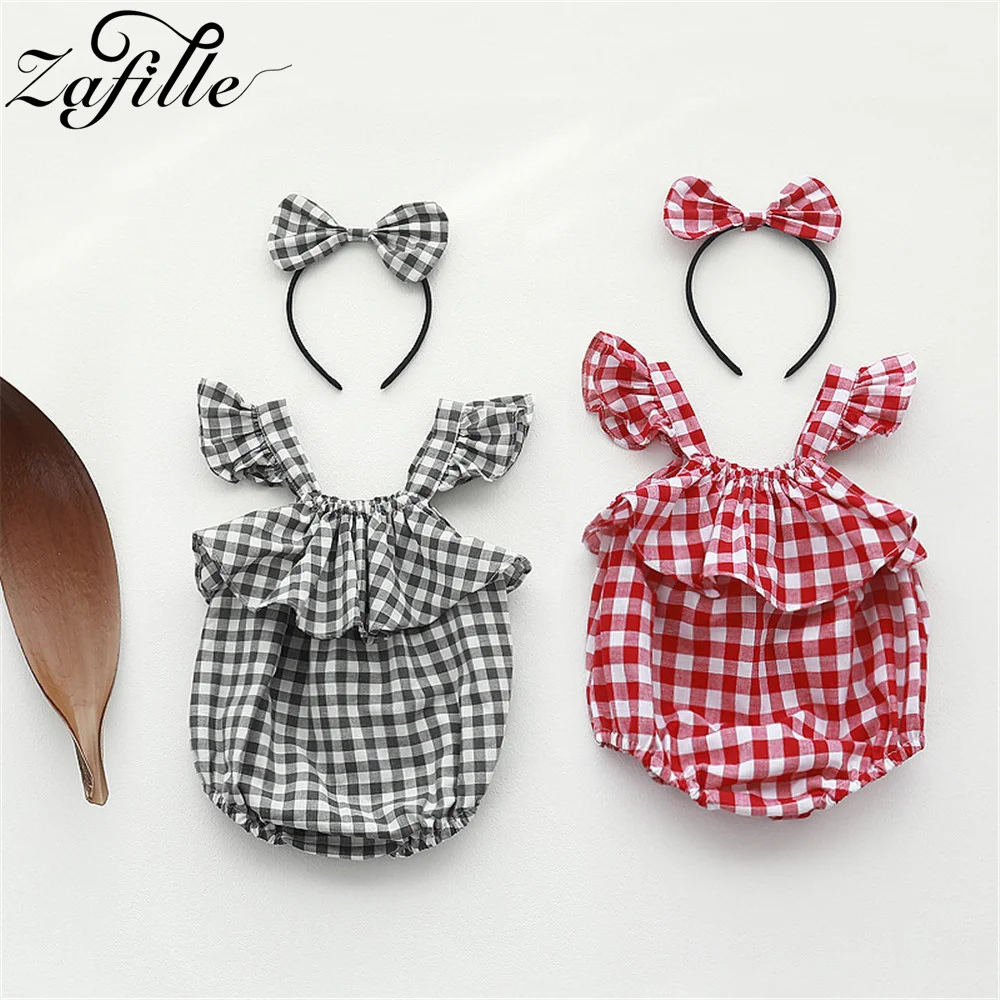 

ZAFILLE Summer Newborn Sling Jumpsuit For Kids Girls Clothing Plaid Baby Clothes+Hairband Cute Toddler Girls Romper Bodysuits