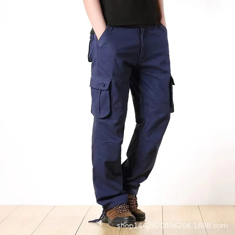

Spring Summer 2025 New Men Cargo Pant Long Straight Trousers Casual Loose Pockets Button Splice Solid High Waist Regular Pants