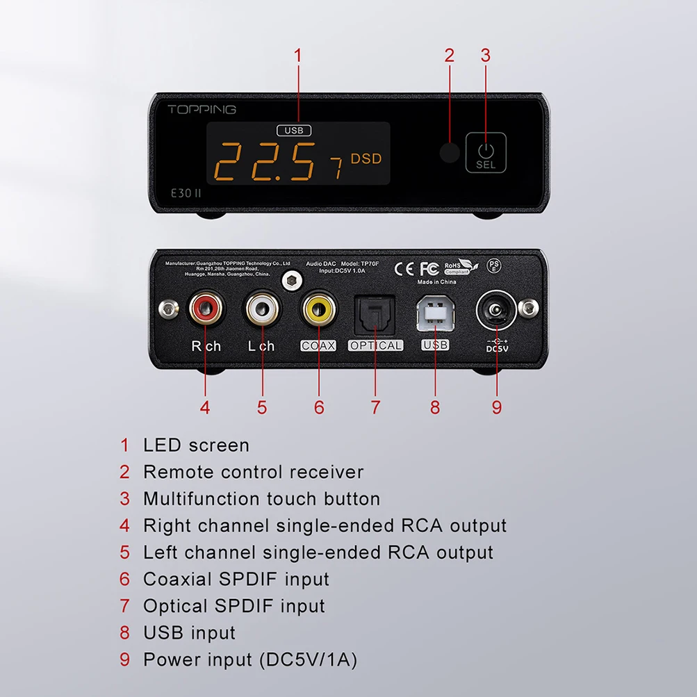 TOPPING E30 II 듀얼 AK4493S 디코더, DAC XU208, 32 비트/768k DSD512 터치 조작, 원격 제어, 고해상도 디코더