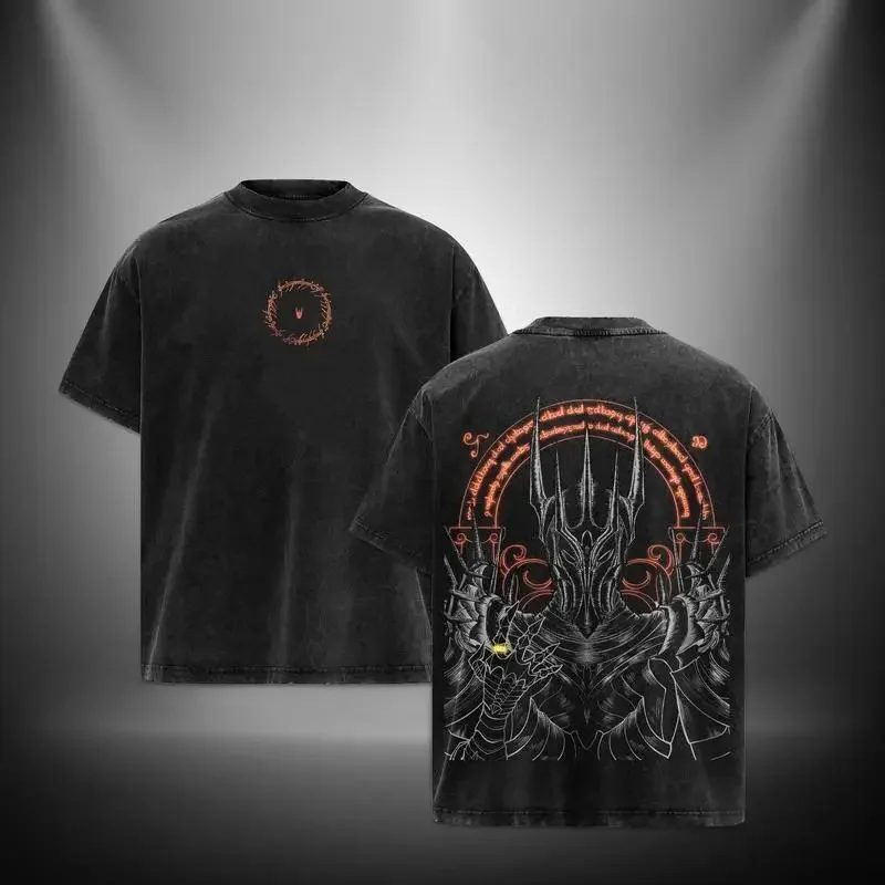 Vintage Wash Dark Gothic Washed T-shirt Sauron Graphic Print Tee 2026 Summer Y2K Cotton T-shirt Casual Loose Streetwear Unisex