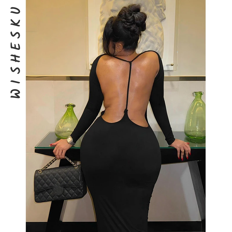 Sexy Backless Long Sleeve Bodycon Maxi Dress Women Black Gothic Stretch Slit Party Vestido 2024 Spring Fall Night Prom Clothes