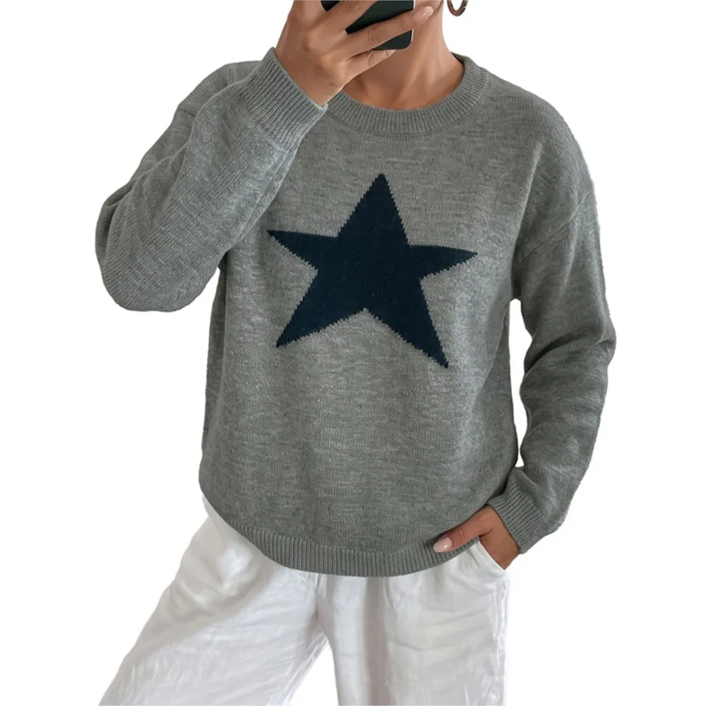 MsChuh All-match Loose Simple Style Sweater Winter Clothes Woman Pulls Femmes Daily Commuting Lazy Five-pointed Star Solid Color 5
