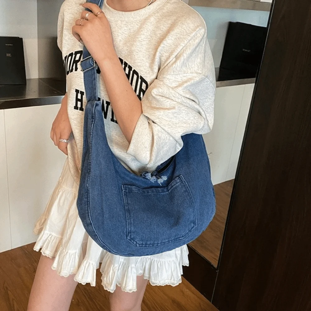 

Korean Vintage Denim Shoulder Bag Versatile Large Capacity Cross Body Bag Multi-pockets Commuting Satchel Bags Ladies