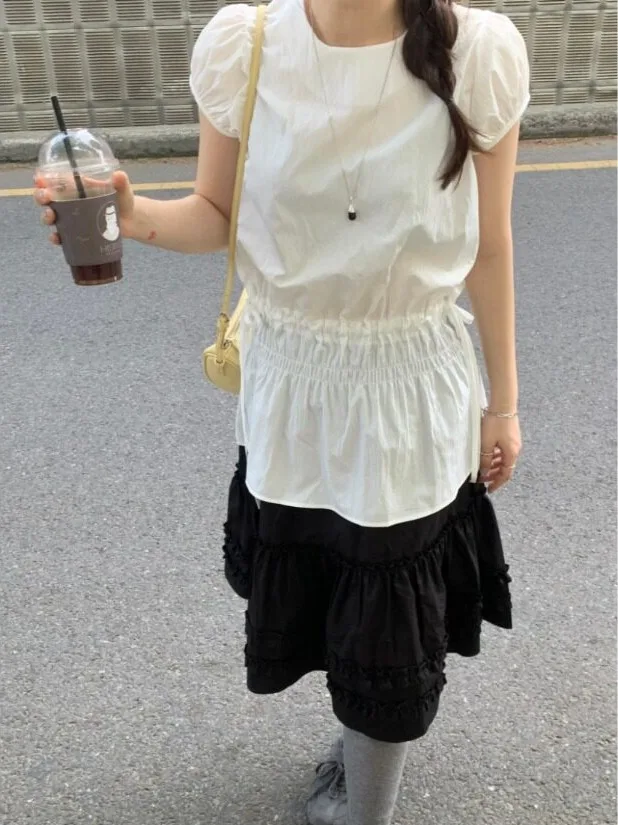 Unique Design Drawstring Bubble Sleeve Shirt Elastic Waist Half Skirt Korean Style Spring Autumn Winter Fashion Women's Clothing
