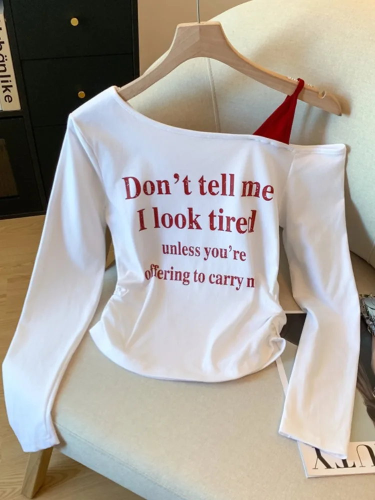 تي شيرت نسائي طويل مكون من قطعتين من oulder Bared تي شيرت نسائي جديد أوائل الخريف ذو ثنيات جديدة ذات ثنيات غير متماثلة... #1