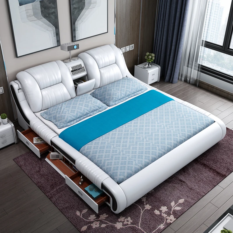 #Genuine Leather Bed Multifunctional Beds Ultimate Massage Camas with Bluetooth,Speaker,Safe,Air Cleaner, Projector,Drawers