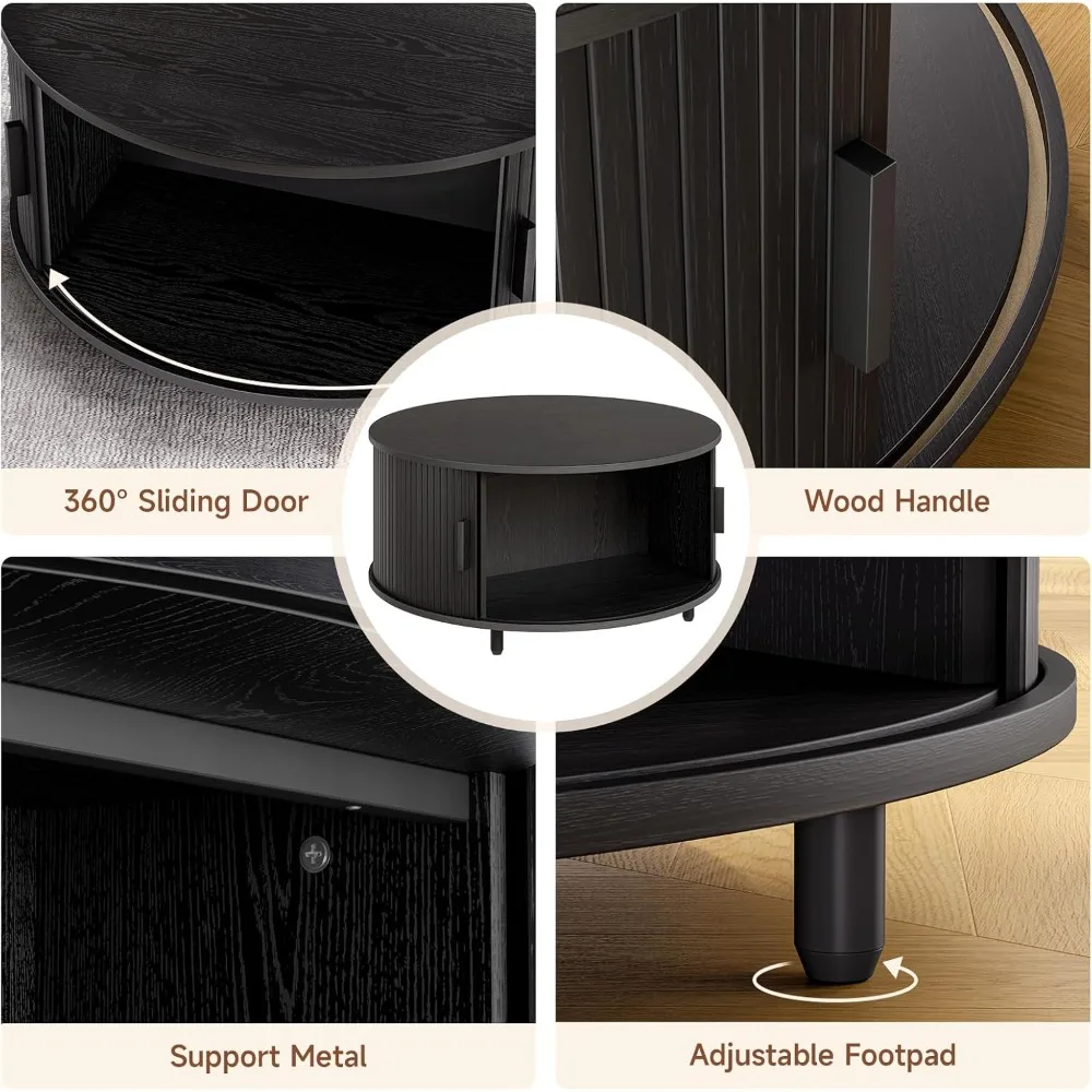 Contemporary 31.5 Circular Coffee Table with Fluted Wood Design and 360° Sliding Storage Access