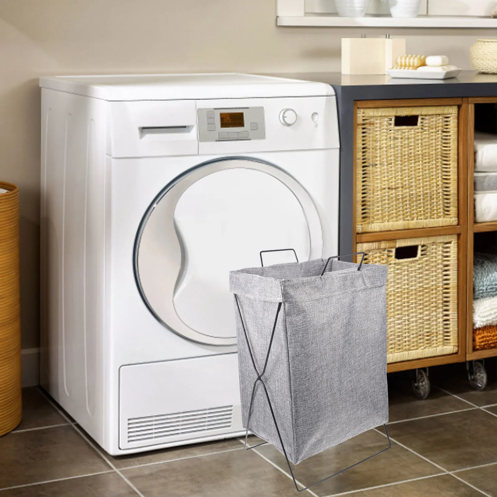 

Iron Frame Foldable Laundry Hamper Large Capacity Home Clothes Storage Basket Breathable Fabric Laundry Basket