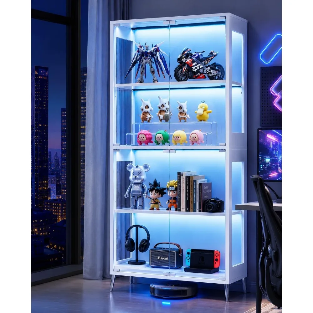 Display Cabinet with Glass Doors, 4-Tier Curio Cabinet, Adjustable Shelves, 60,000 Color Lights for Collectibles, Glass Display Case with App & Remote Control, Bookcase, Storage Cabinet, White