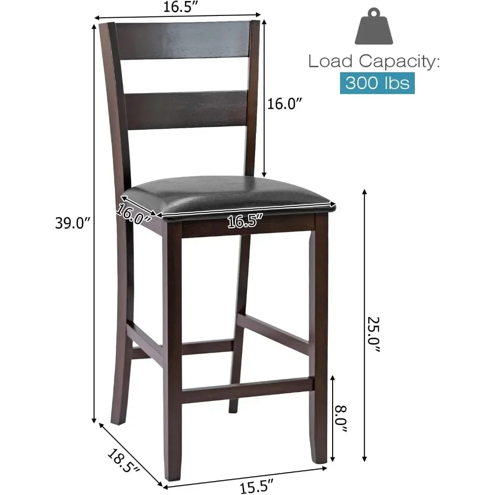 Set of 4 Bar Stools, 25” Counter Height Kitchen Dining Pub Chairs with Soft Padded Seat, PU Leather Cover & Rubber Wood