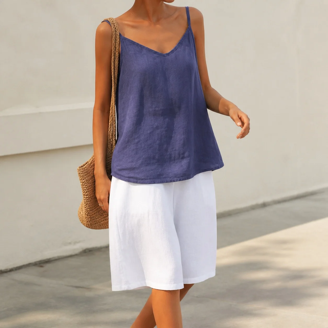 Women Sweet Loose Fit Backless Cotton Linen Tank Top Solid Color Short Length Casual Non-removable Strap Woman Clothing Women's