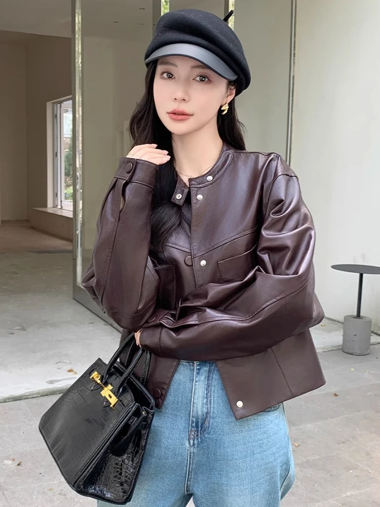 Casual Genuine Leather Motorcycle Jackets for Women Spring Autumn High-end Simple Stand Collar Slim Short Real Sheepskin Coat