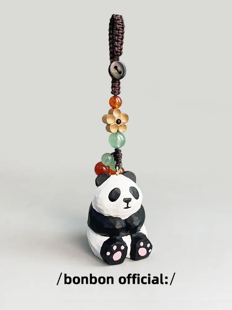 

Handmade Wood Carving Soft Cute Cute Panda Weaving Guofeng Keychain Ping An Car Key Chain Schoolbag Pendant for Friends Gift