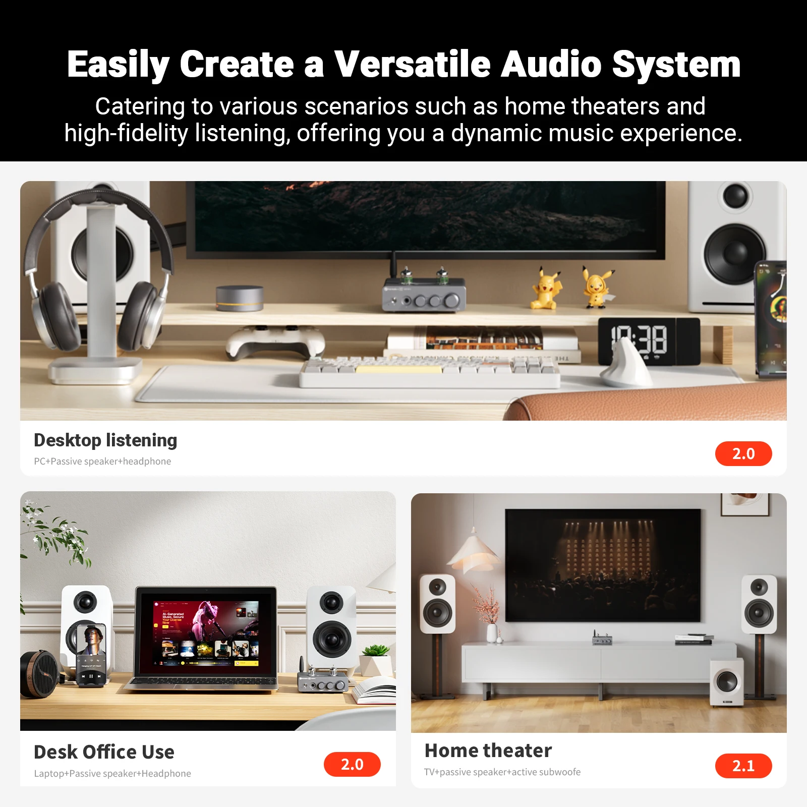 Wzmacniacz lampowy Bluetooth Fosi Audio T20X MKII 150W*2 Klasy D Stereo do głośników kina domowego i słuchawek — zdjęcie produktu 5