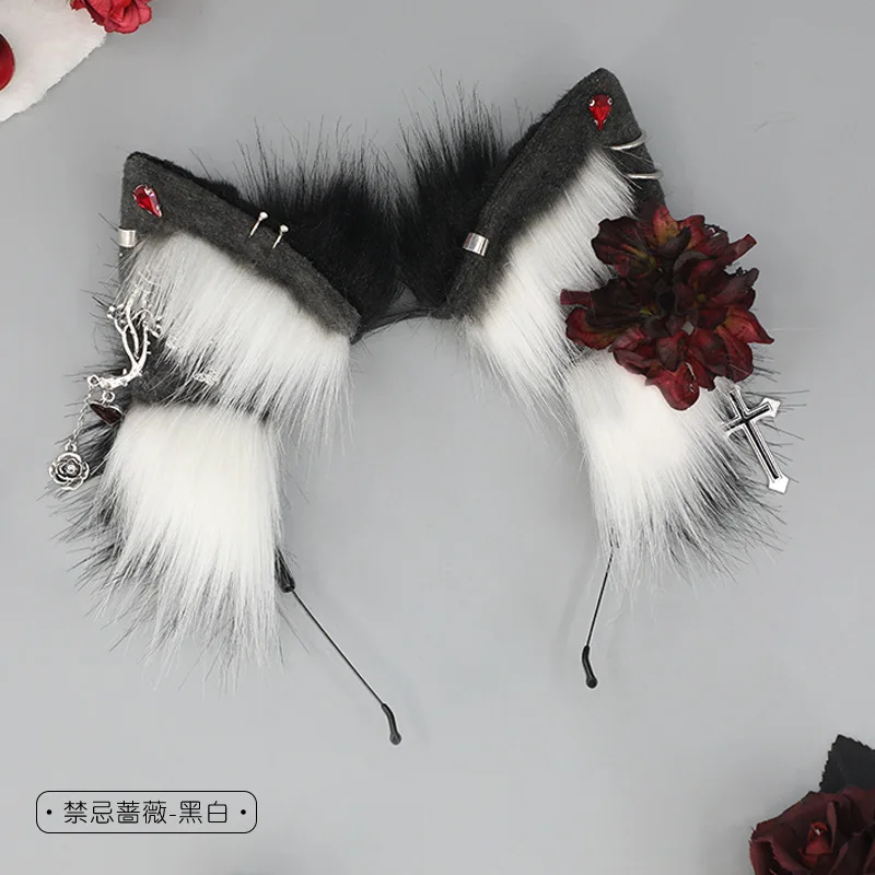 Kawaii Fox Ears Headband with Flower Anime Plush Cat Ears Headdress Hair Accessories JK Girl Halloween Party Cosplay Hair Hoop