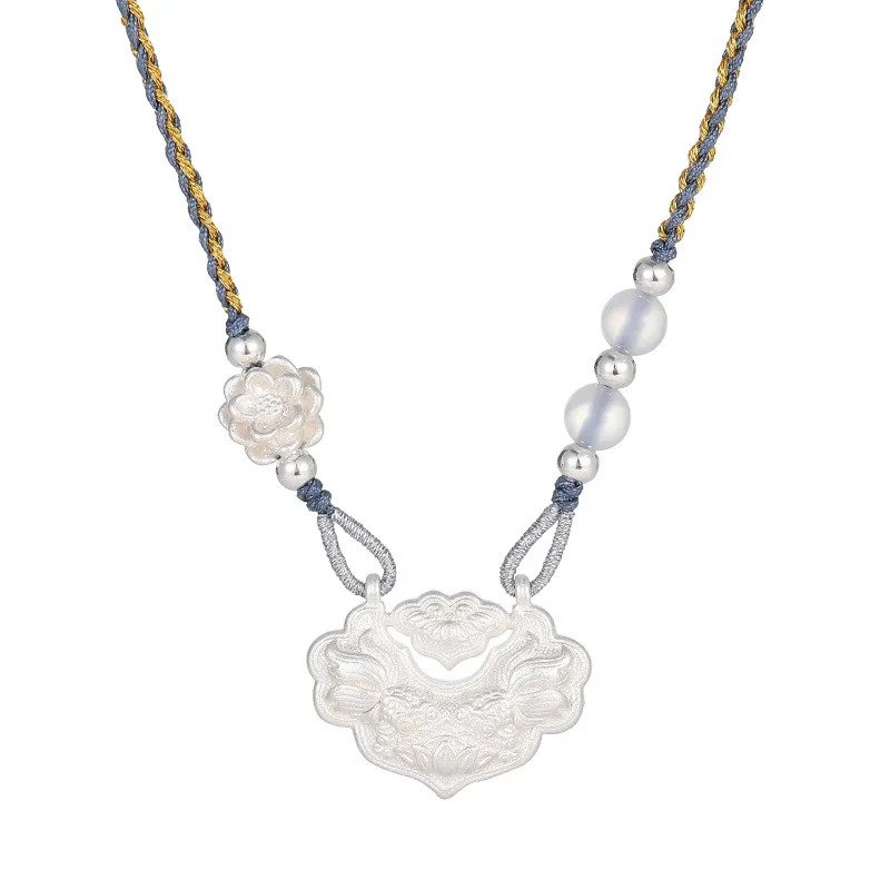 

Ping An Lock Necklace Female Handmade Braided Rope Guofeng Neck Chain Pisces Koi Long Life Lock