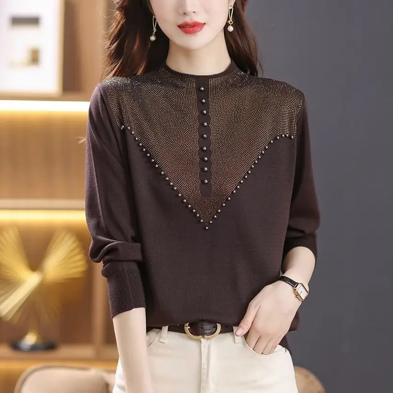 Temperament Loose Women's Beading Patchwork Sweaters Autumn Winter Fashion Long Sleeve Solid Korean Sweaters Female Clothing