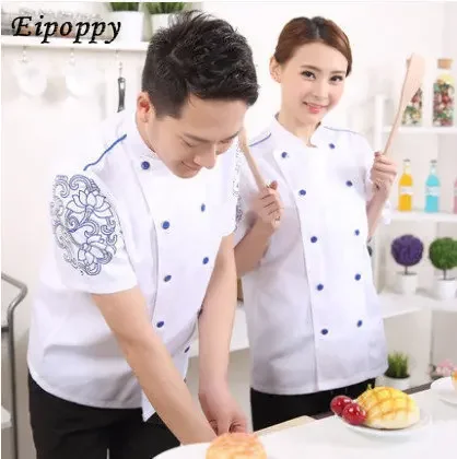 Unisex Kitchen Chef Uniform Bakery Food Service Short Sleeve Breathable Double Breasted Cook Wear Chef Jacket