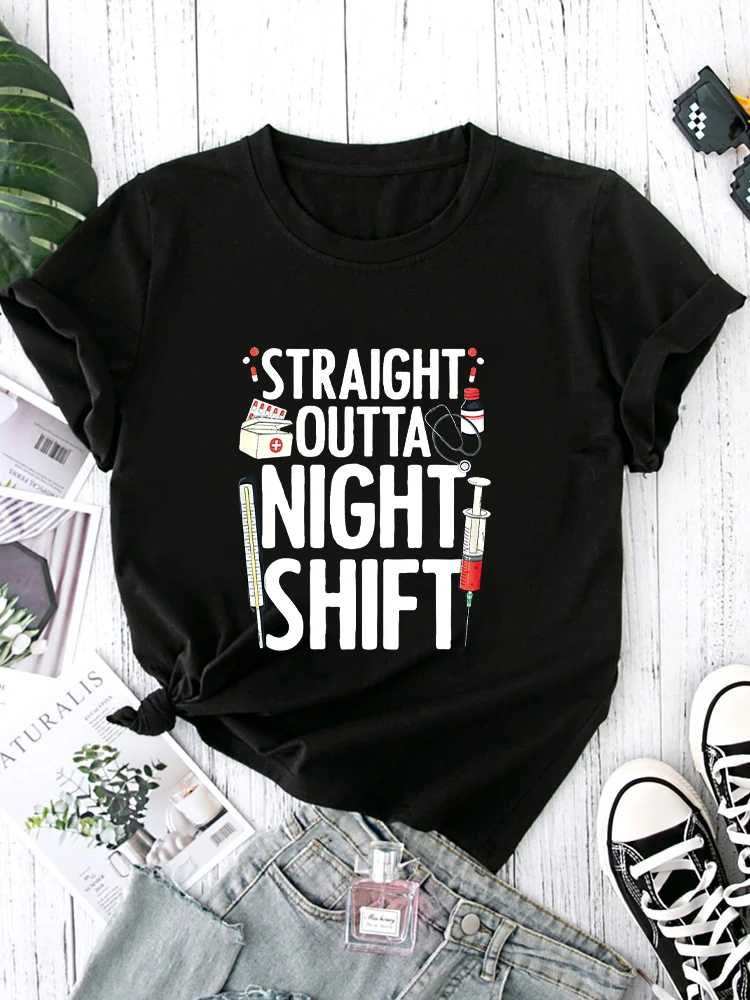 Night Shift Nurse Graphic Tee Premium Polyester Breathable Tee Shirt Crew Neck Casual T Shirts For Women