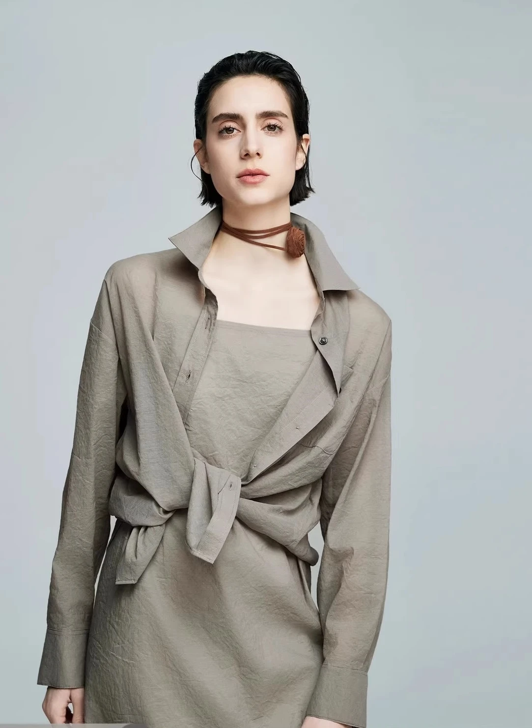 

Layering and threading Cotton yarn shirt set female New products for Spring/Summer 2025 Sling A one-shoulder long dress