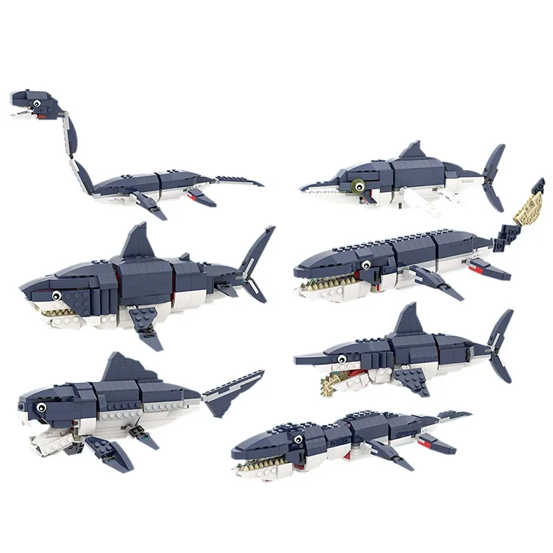 BuildMOC 7 in 1 Dolphin Megalodoned Tooth Ocean Overlord Great White Shark Building Block Set Fish Animal diy Brick Toy Kid Gift