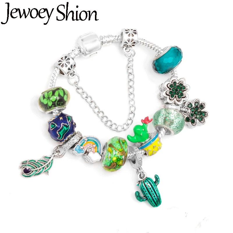 Rainbow & Green Earth Clover Bead Snake Chain With Flower Cactus Pendents DIY Brand Charm Bracelet Jewelry For Women Making Gift