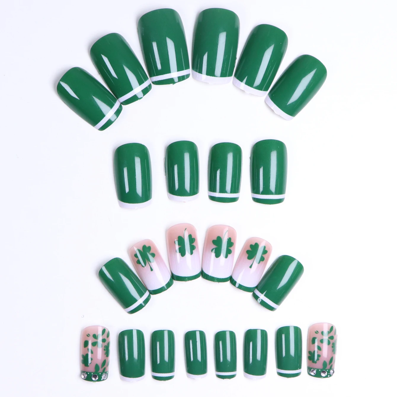 24PCS- Green square fake nails with French and white trim, lucky four-leaf clover decoration, rhinestone setting, exquisite eleg