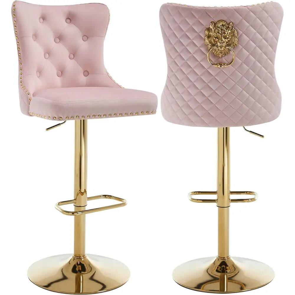 

Gold Barstools Set o 2,Velvet Bar Height Stools with Lion Pull Ring,Upholstered Swivel Counter Height Stools with High Tuted Bac
