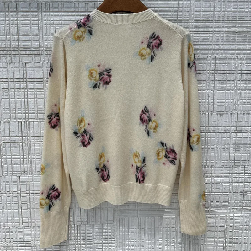 2024 High Quality Floral Printed Wool Knitted Sweater Vintage Casual Crew Neck Long Sleeve Cardigan Top