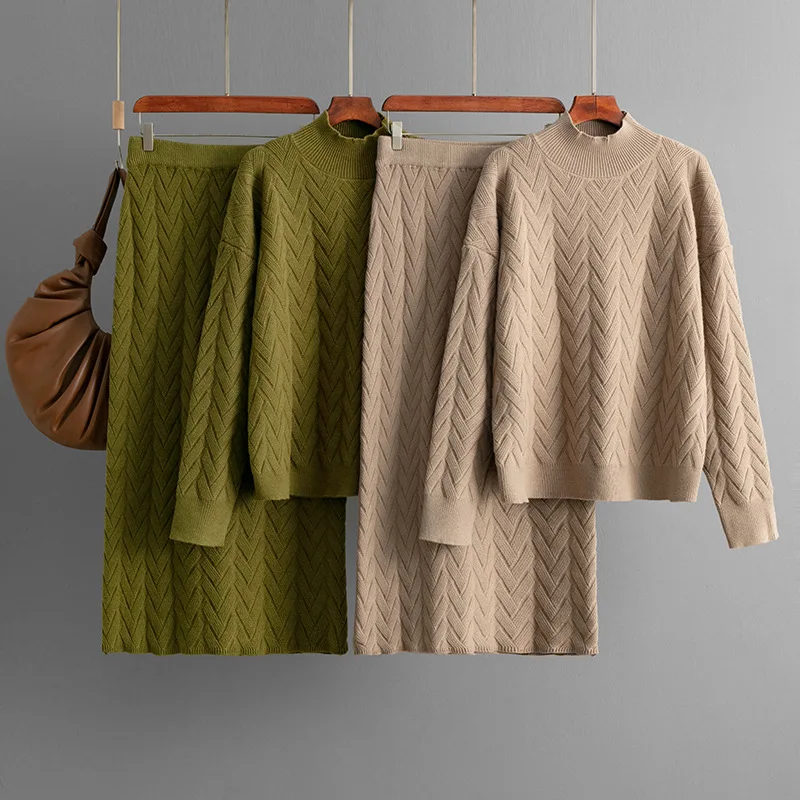 

Autumn Winter Women's Knitted Set Long Sve f High Collar Overhead Top And Skirt Two Piece Suit Faionable Ensemble