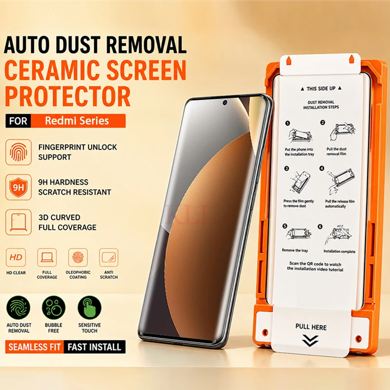 

Oleophobic Coating Dust Removal Easy Installation Frame Screen Protector for Xiaomi Redmi Note 15 14 13 Pro+ Ceramic Film+ tool