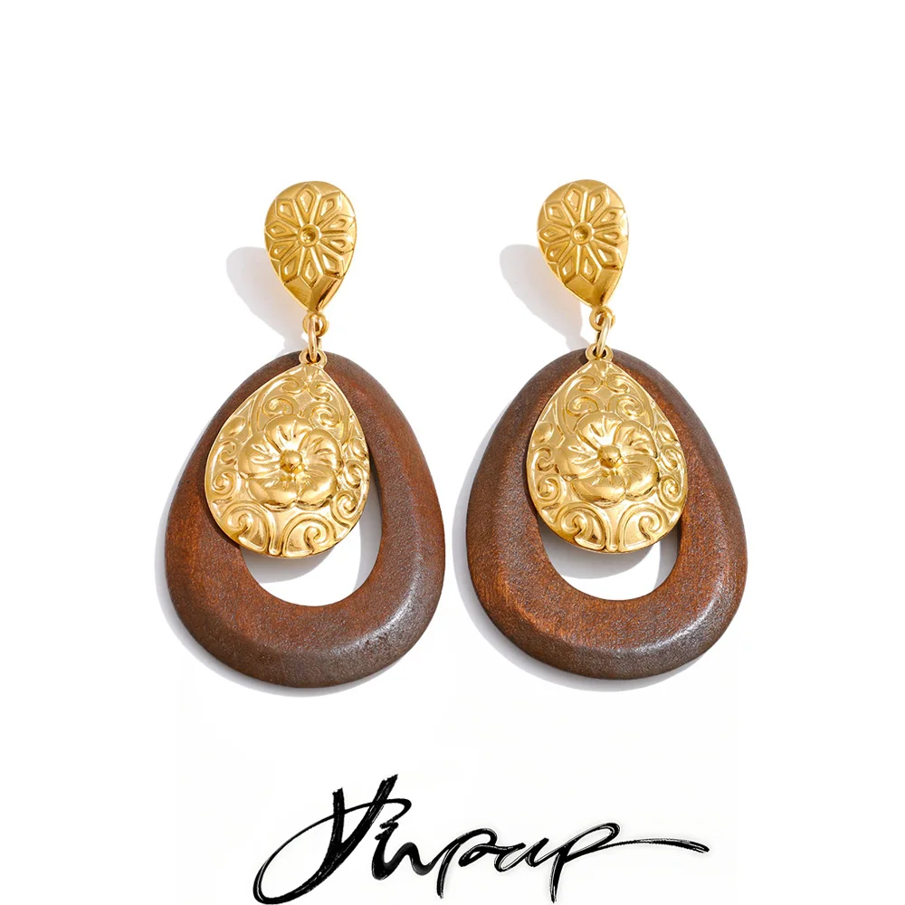 Yhpup Autumn Winter Style Stainless Steel Flower Wood Water Drop Dangle Earrings for Women Fashion Office Lady Unique Jewelry