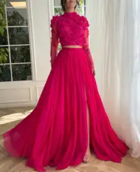 Women's 3D Appliques Evening Dress for Women Elegant Long Sleeve 2 Pieces Fuchsia Scoop Neck Tulle Ball Gowns for Kids vestido