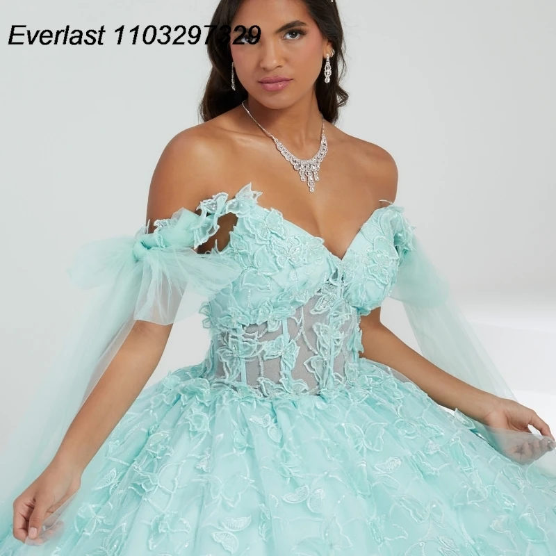 EVLAST Customized Sage Green Quinceanera Dress Ball Gown Butterfly Applique Beaded Cape Sweet 16 Vestidos De 15 Años TQD848