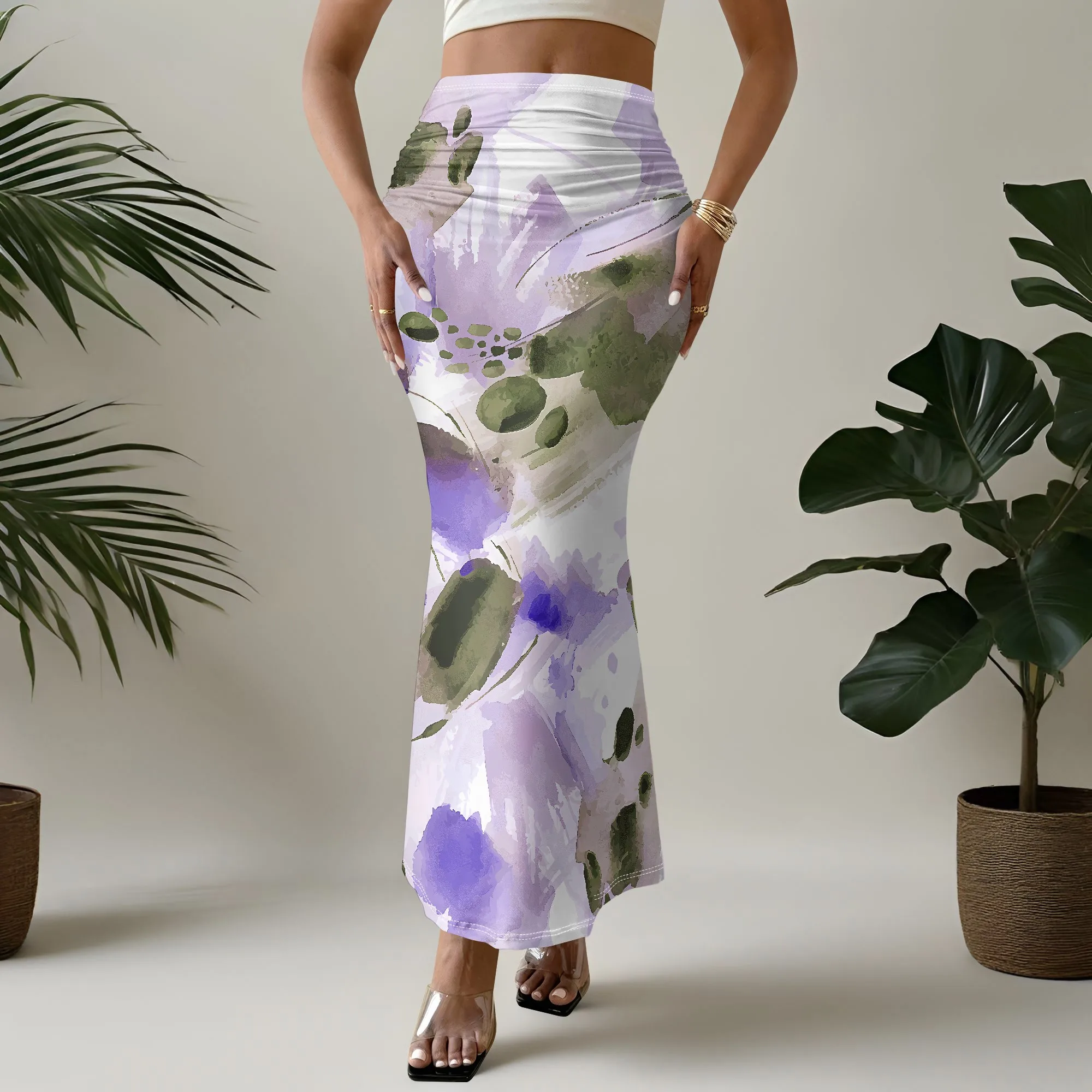 Watercolor Lotus Mermaid Skirt, Purple Floral Print Midi Skirt, Ruched Waist Bodycon Skirt for Women Party Club Wear, S-2XL