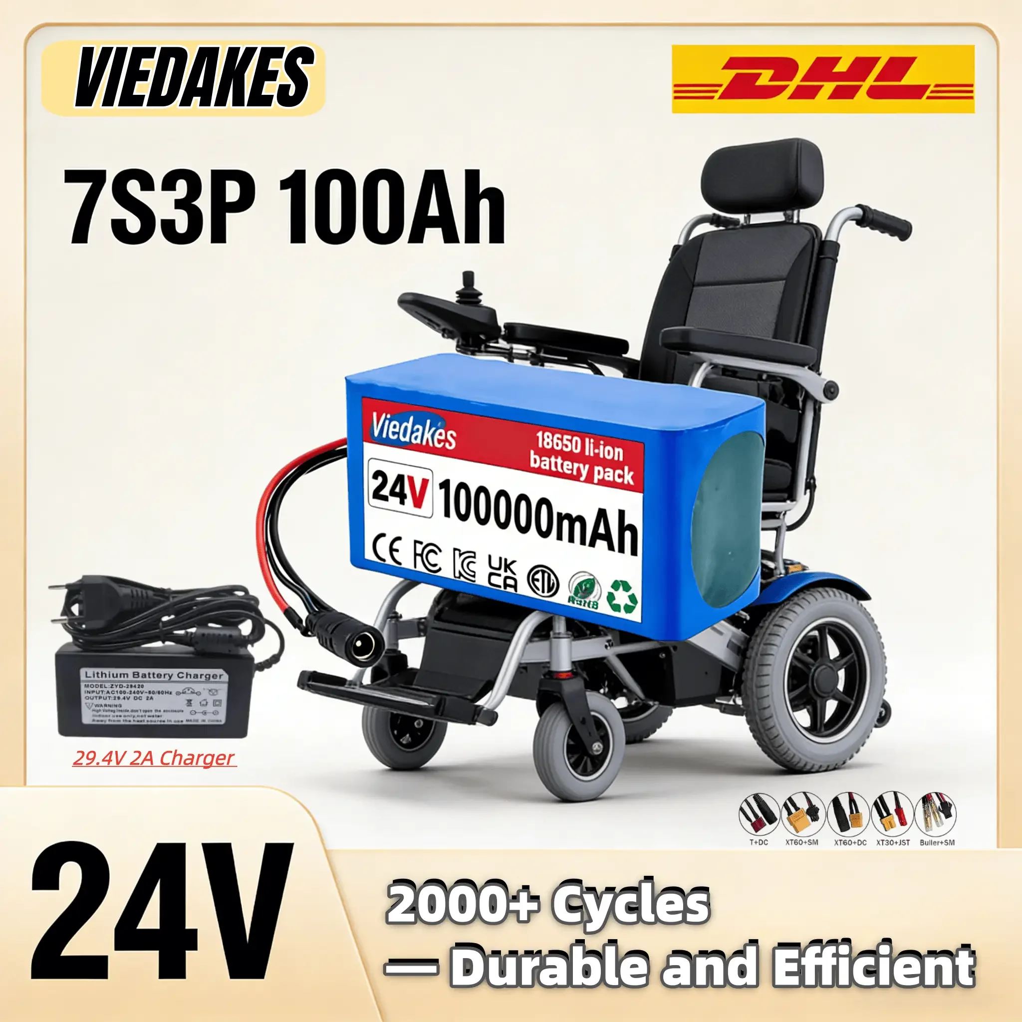 

VEDAKES 24V 10Ah Battery with Charger for Electric Wheelchair and DIY Devices