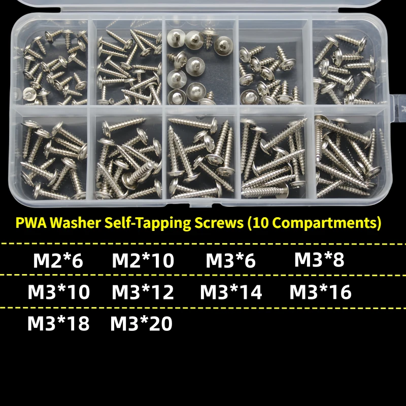 Round Head Cross with Washer Self-tapping Screw Set Nickel-plated M2 M3 M4 PWA Carbon Steel Phillips Wood Screw Assortment Kit