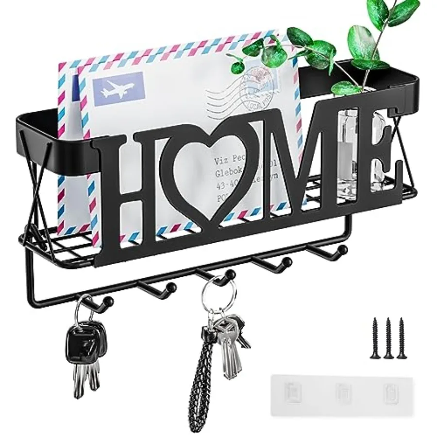

Key Holder for Wall - Key Rack with 5 Key Hooks, 11.02" L×2.75" W×4.92" H, Key and Mail Organizer Wall Mount with Mesh Basket,