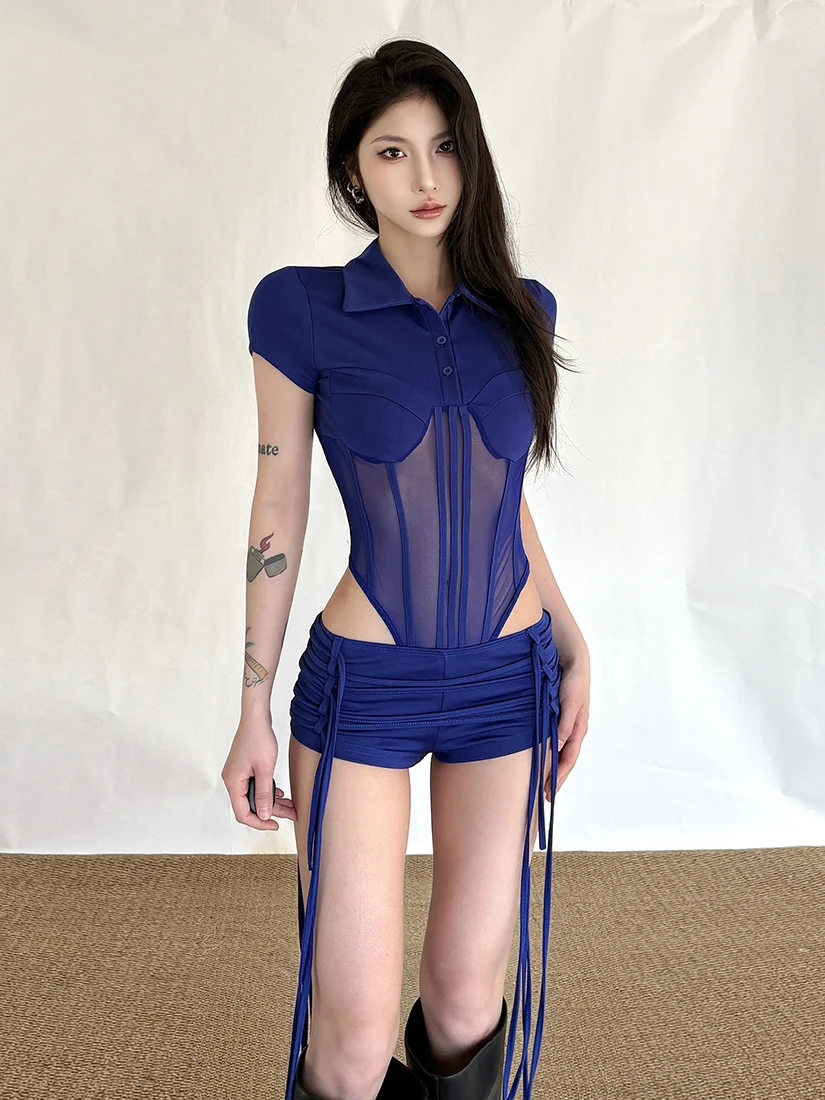 

Weird Puss Deep Sea Blue Sexy Short Sleeve Suit Women's High Waist Short Pants See through High Neck Summer Fashion...