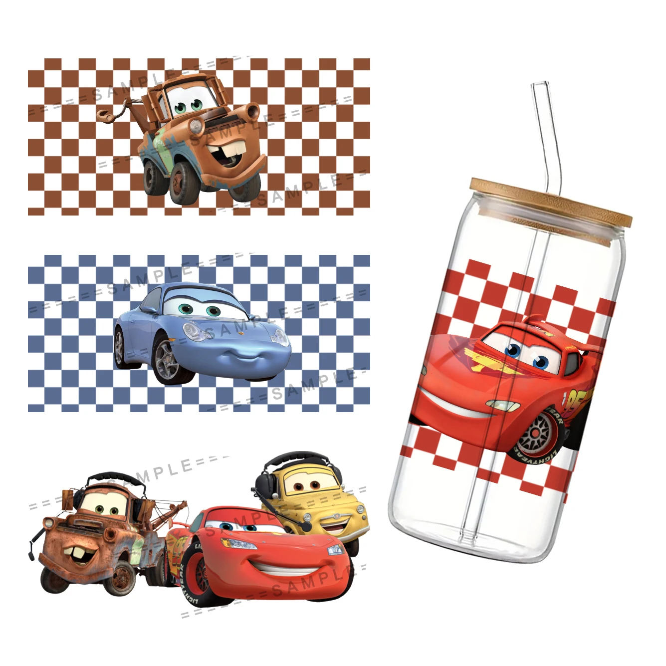 Disney Cars For Libbey 16oz Can Glass 3D Waterproof UV DTF Coffee Can Wrap Libbey Glass Wrap