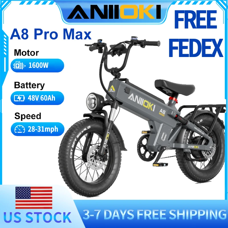 

Электровелосипед ANIIOKI A8 Pro Max с пиковой мощностью двигателя 1600 Вт, батареей 48В 60Ач, скоростью до 49 км/ч, широкими шинами 20"*4"