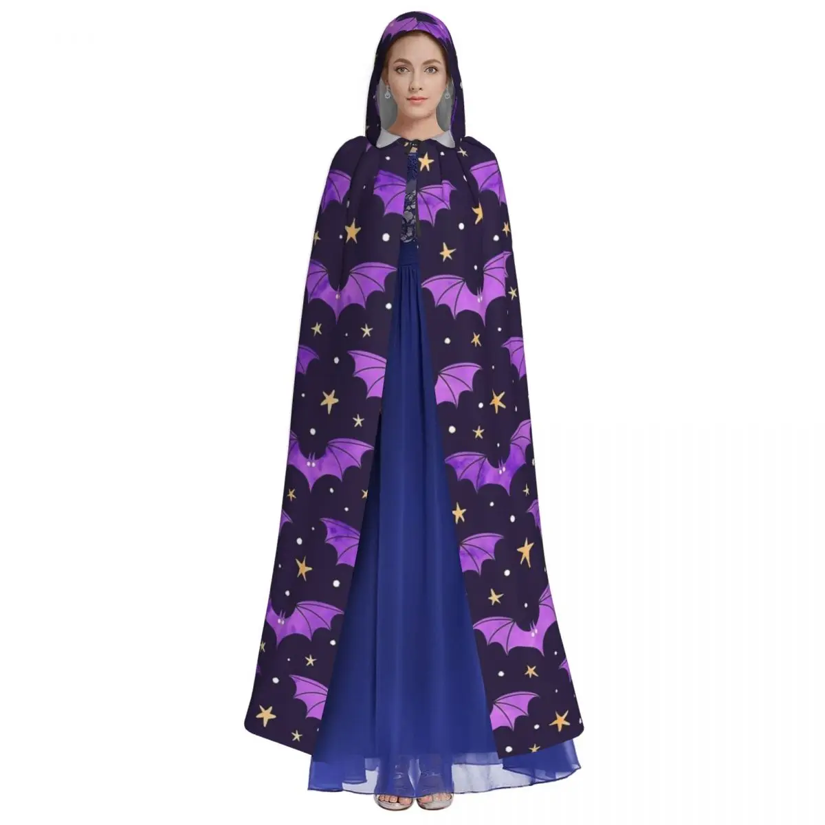 Watercolor Bats Purple On Black Long Hooded Cloak for Aldult Halloween Design Cape