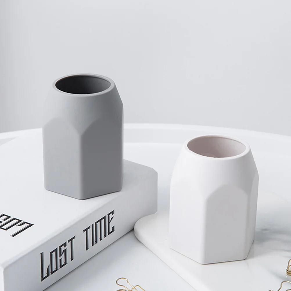 

2Pcs Pen Holders Gray Silicone Desktop Storage Organizer Geometric Design Large Capacity Pencil Cup for Office School