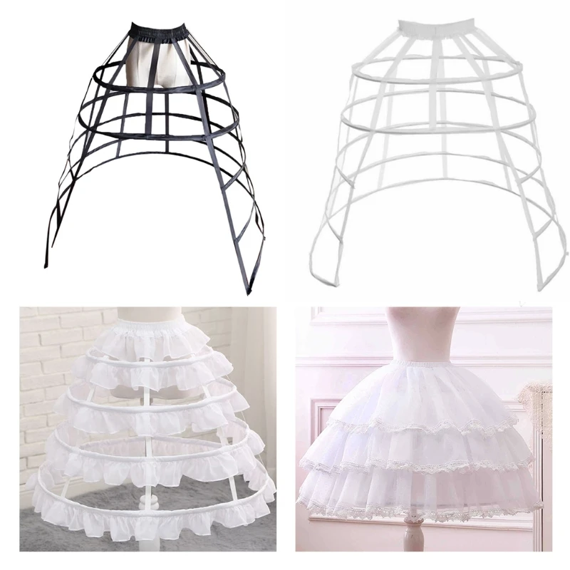 Women 5 Hoops Skirt Pannier Petticoat Hollow Bird Cage Cutout Crinoline Underskirt Ruffles Elastic Waist Lolita Bustle