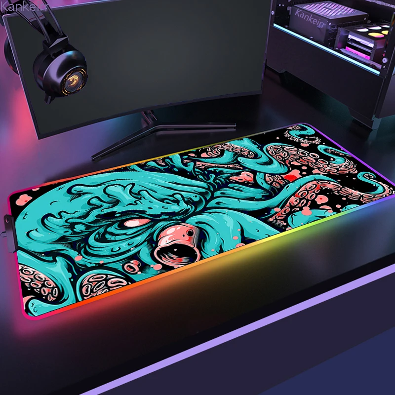 LED Gaming Mousepads Colorful Octopus Design Large Backlight Desk Mat Gamer Luminescence RGB Mouse Pad Japanese Style Mouse Mat