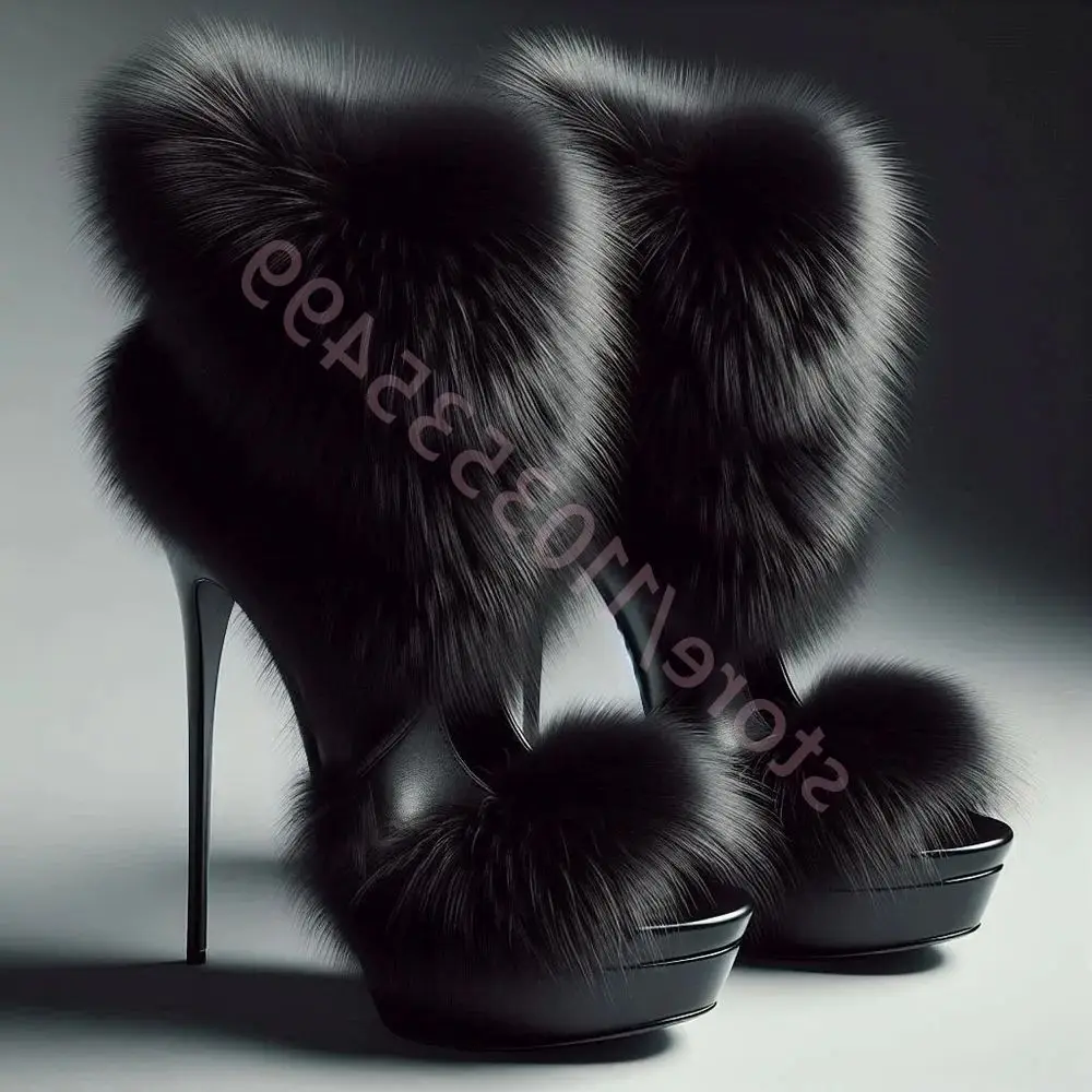 

Platform Black Furry Sexy Catwalk Sandals 2025 Summer Banquet Elegant Peep Toe Stilettos New Street Fashion Women's Plush Sandal