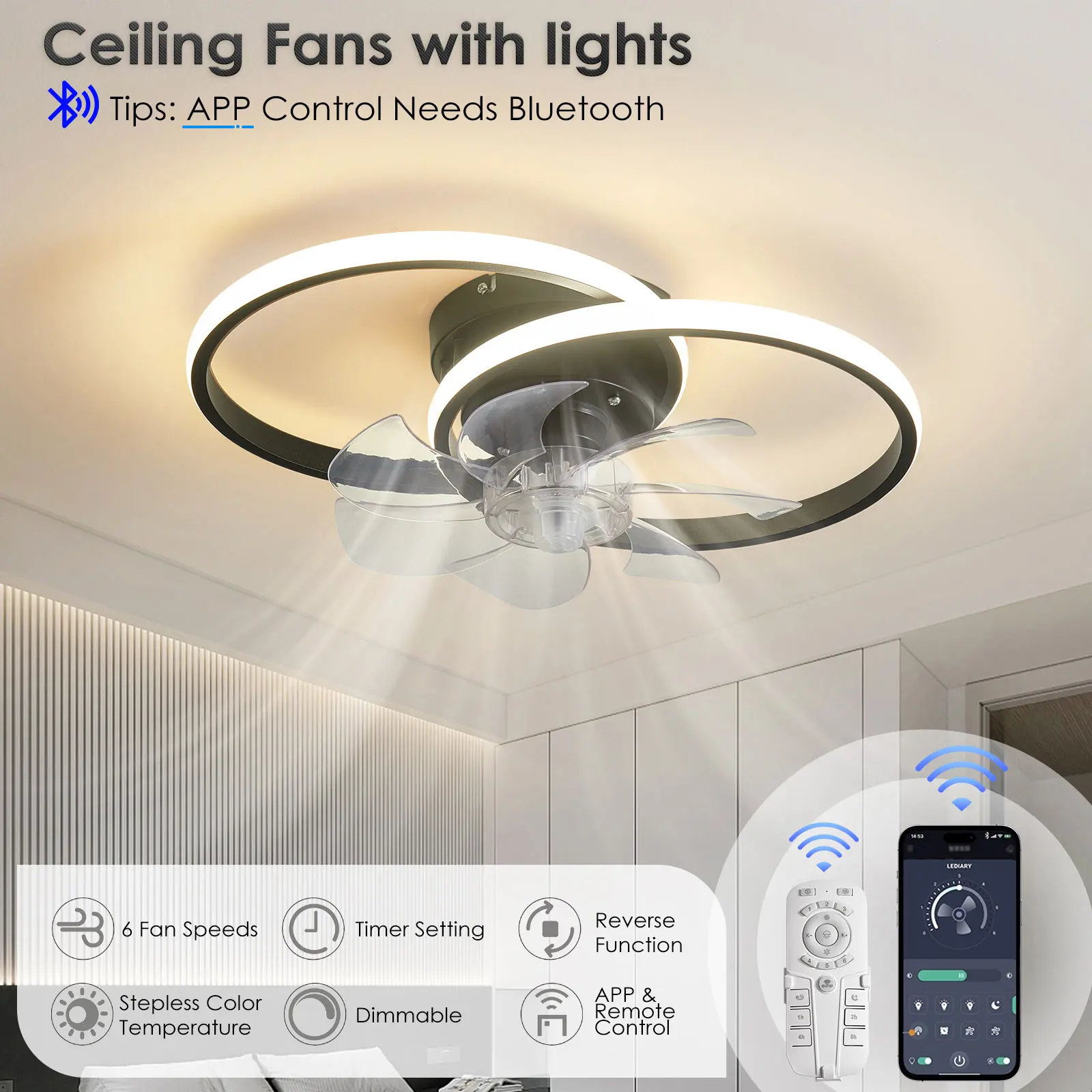 round circle ventilador de teto com luz led smart app controle remoto dc motor cozinha quarto sala de jantar 18 46cm 01