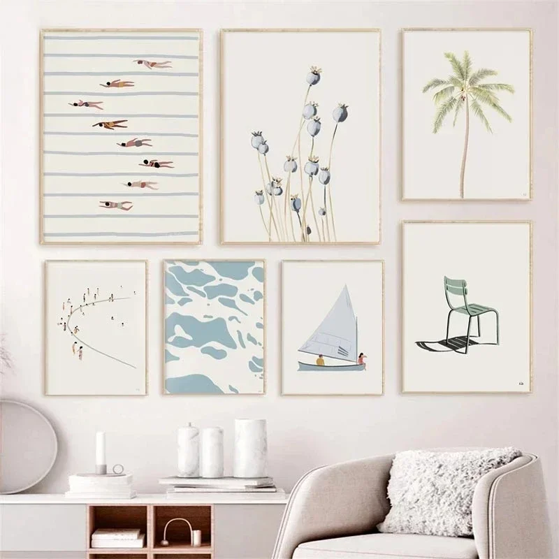 Canvas Painting Wall Art Seaside Beach Scenery Picture Sailboat Abstract Minimalist Poster and Print for Living Room Decor