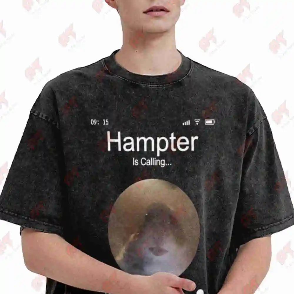 Hamster Phone Call Oversized Vintage Washed Tee Pure Cotton T-Shirt